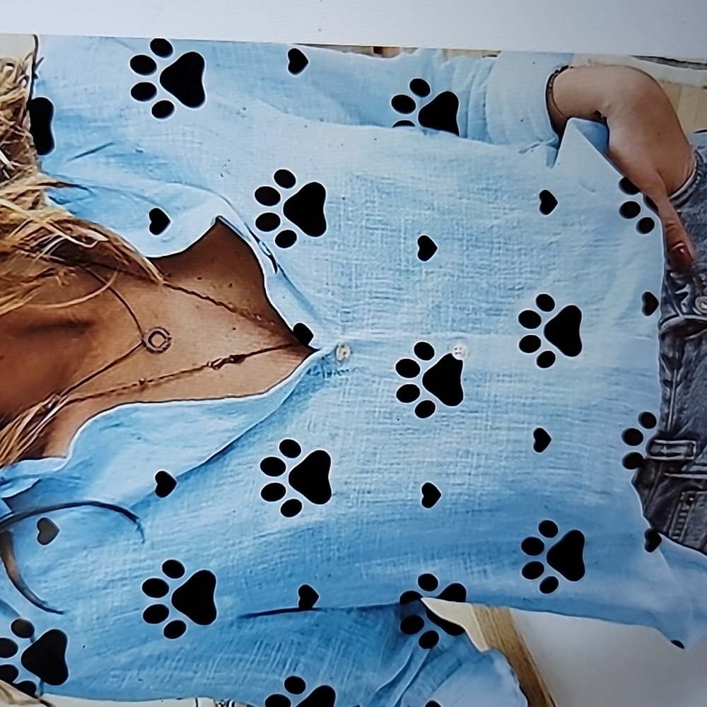 Light Blue Paw-Print Button-Up Long Sleeve Blouse, Size XL